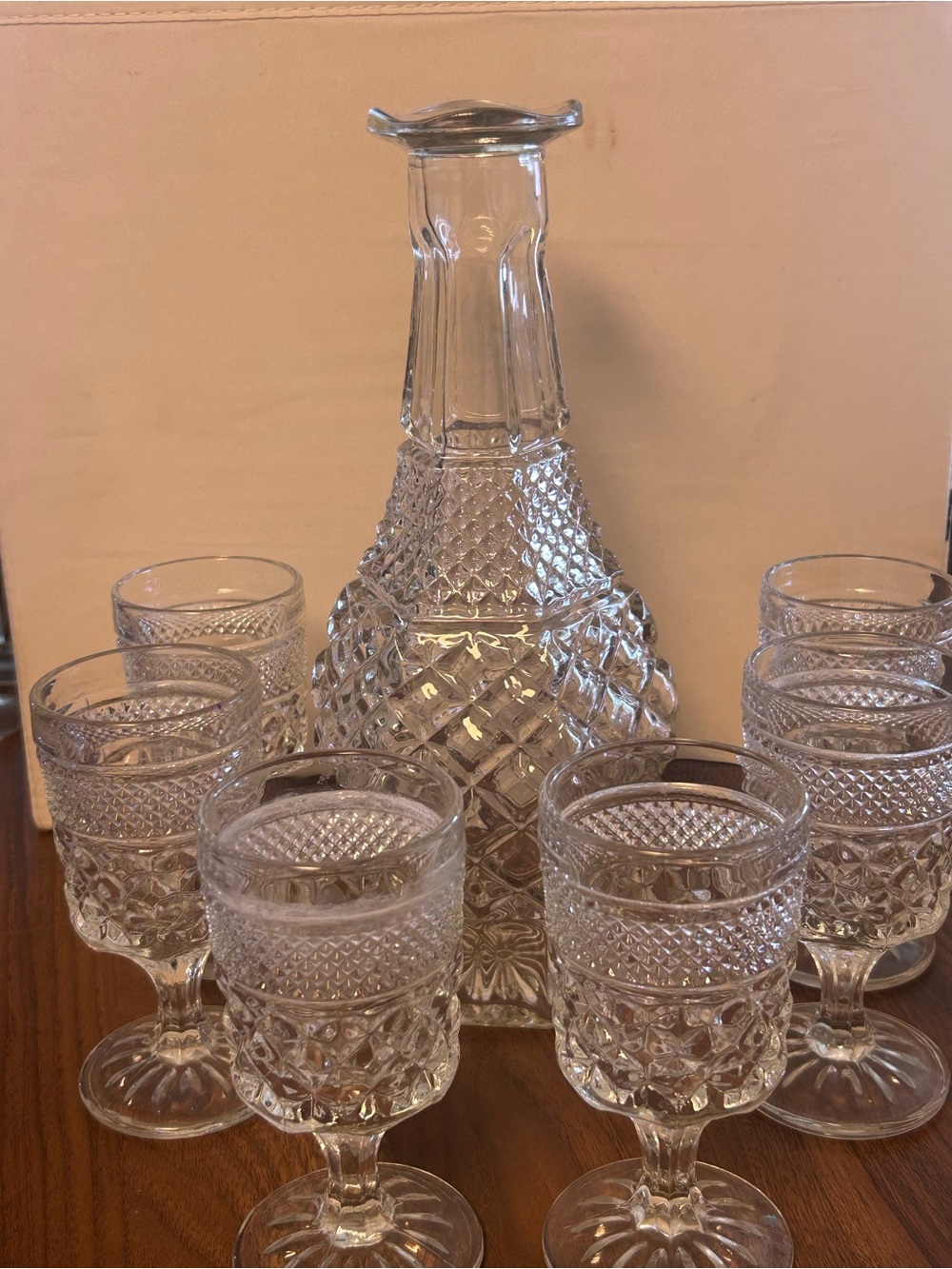 Anchor Hocking Wexford Pattern Decanter with Six Matching Goblets
